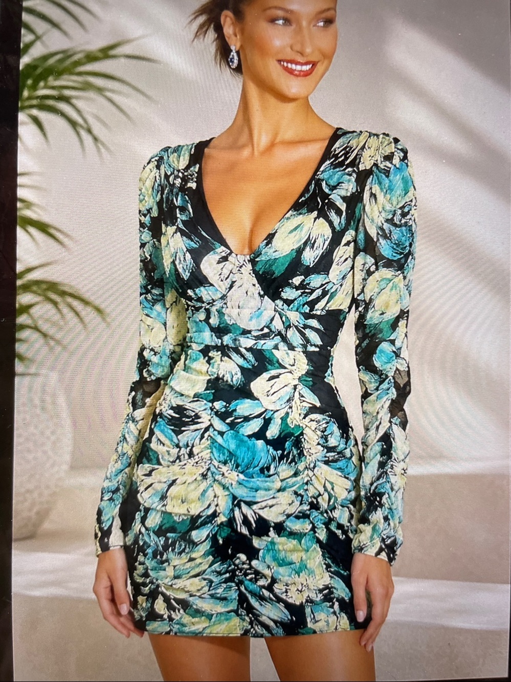 S.   NWOT  Floral V-Neck Long Sleeve Mini Ruched Dress in Teal and Black